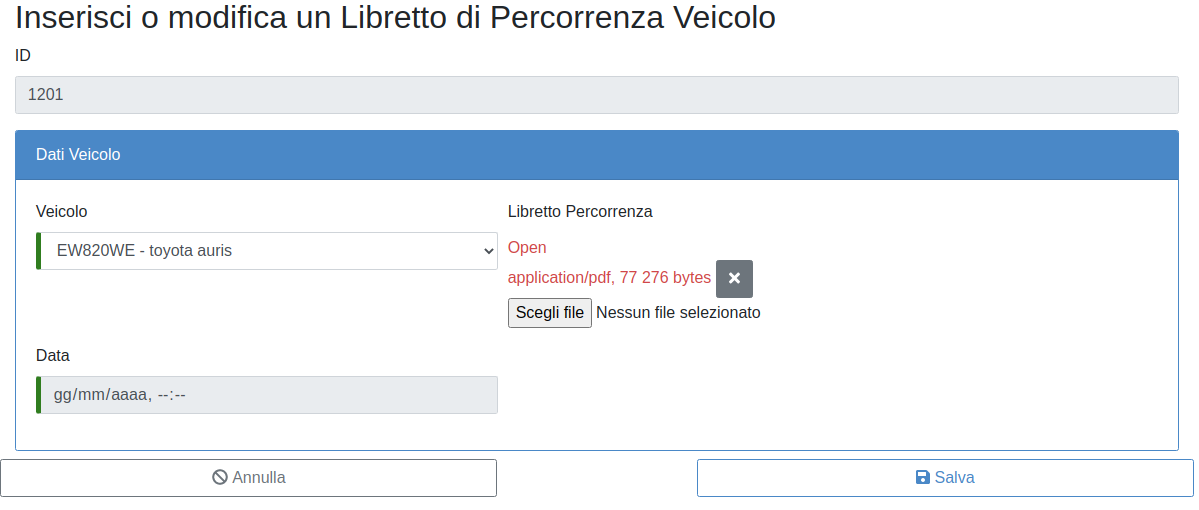 Inserisci Libretto percorrenza veicolo