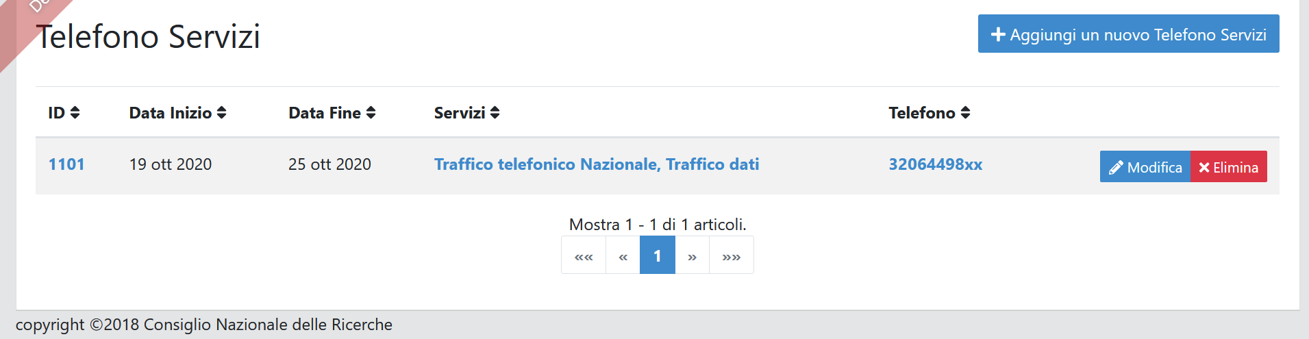 Lista Telefoni Servizi presenti